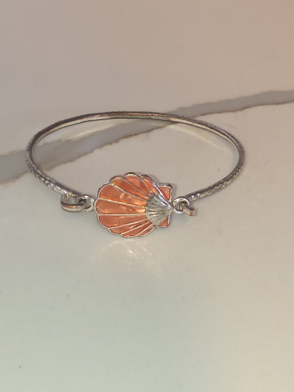 Silver Shell Bangle Bracelet with Coral Enamel - Women Jewelry